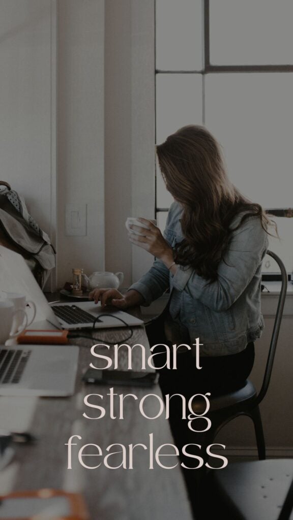 Woman drinking coffee, working on laptop.