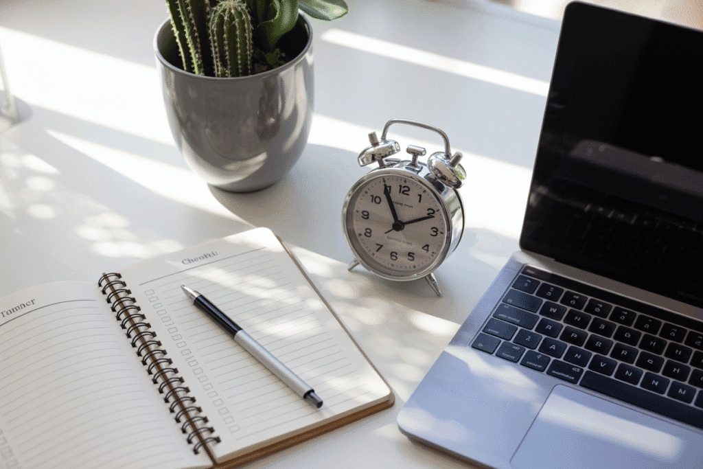 Checklist notebook with a clock and laptop.