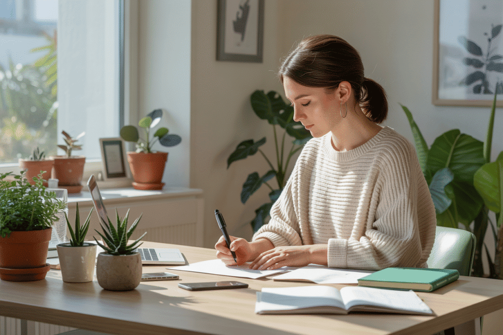Person writing at a well-lit desk.
