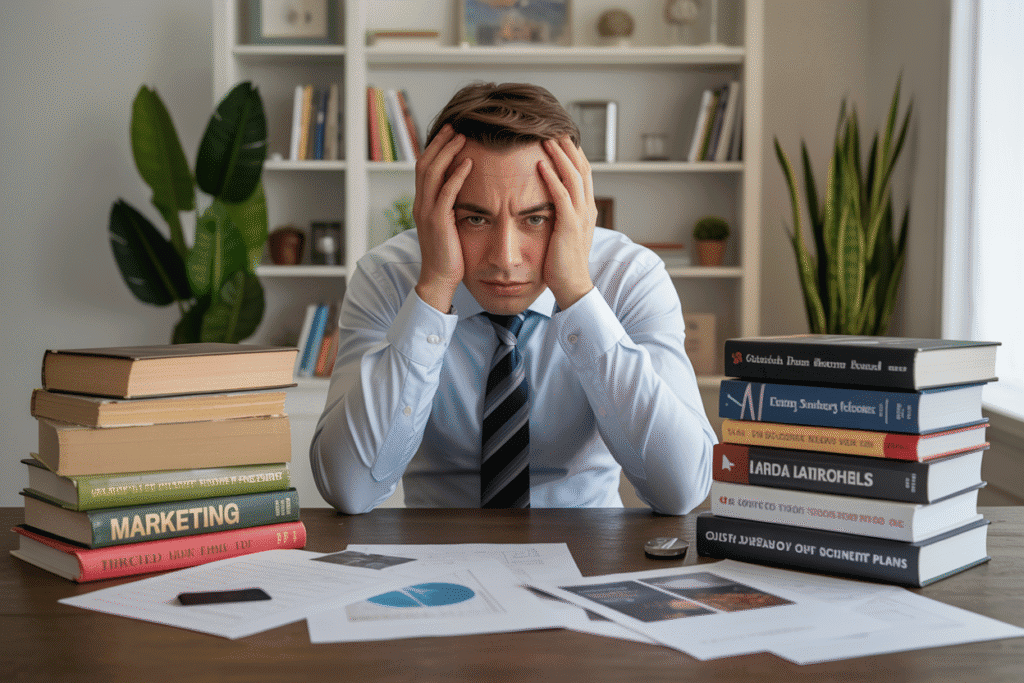 Frustrated marketer surrounded by books.