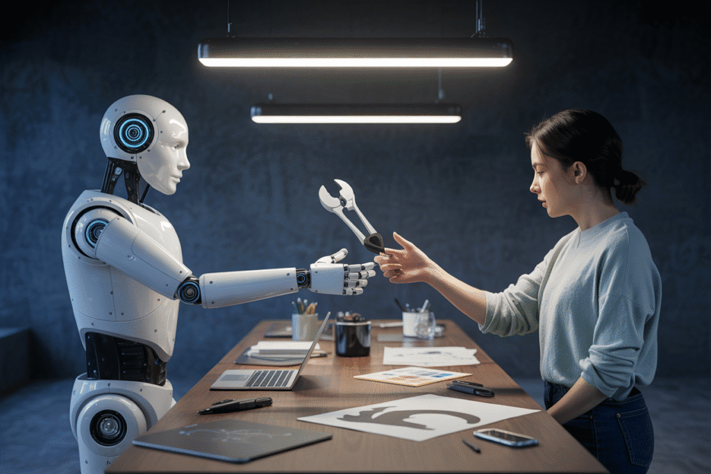 Robot assisting human with creative tools.