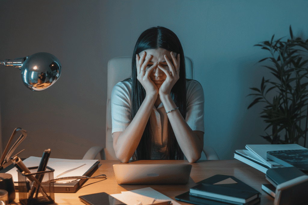 Individual expressing stress in darkness.