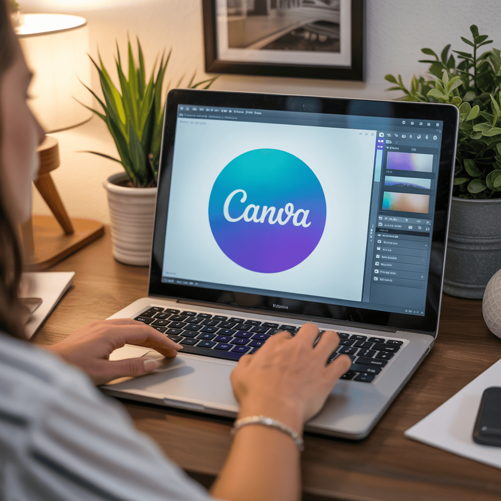 User designing graphic on Canva software.