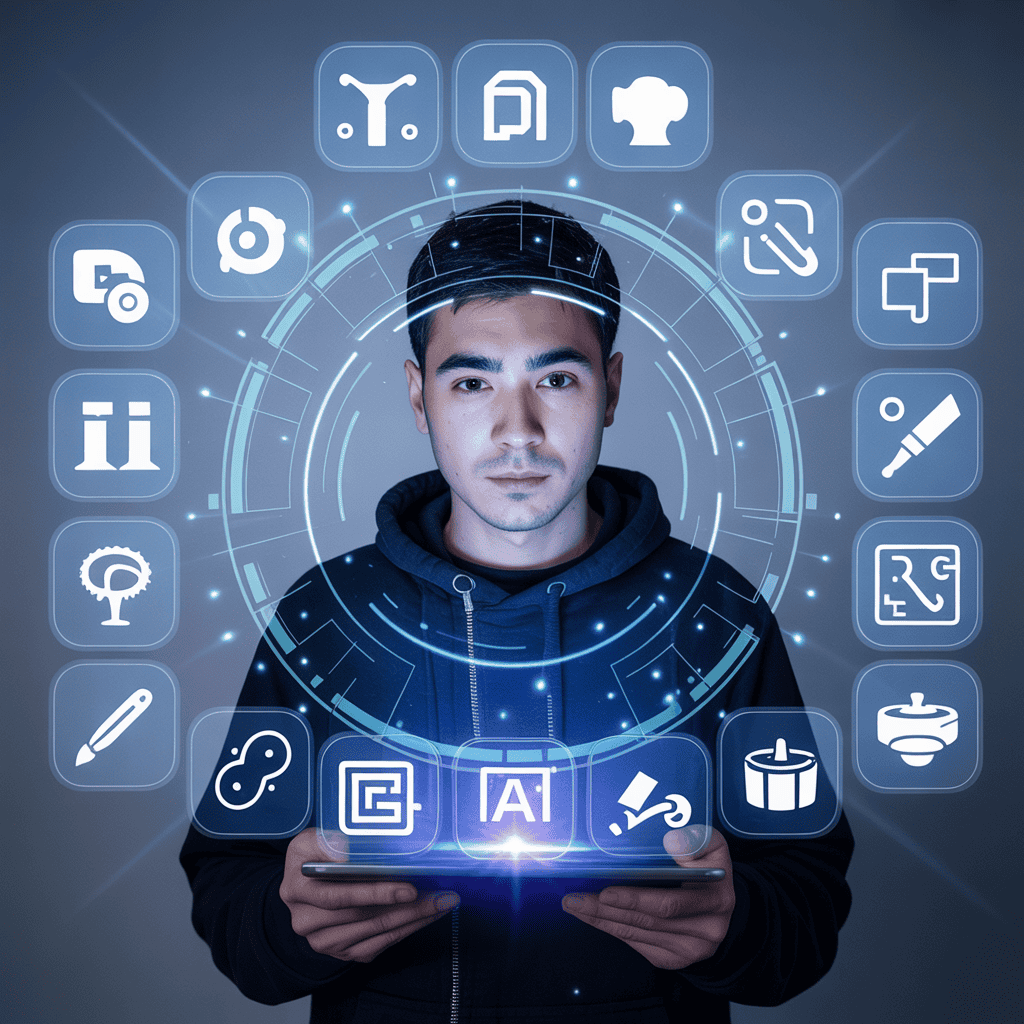 Individual interacting with digital creation tools.