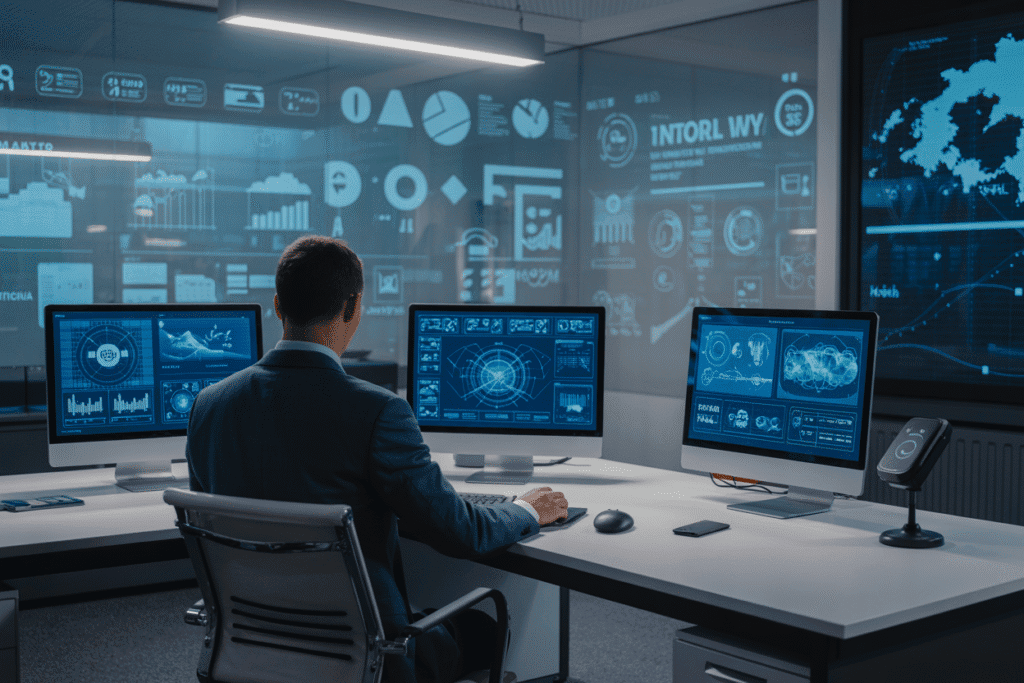 Marketer analyzing data on multiple screens.