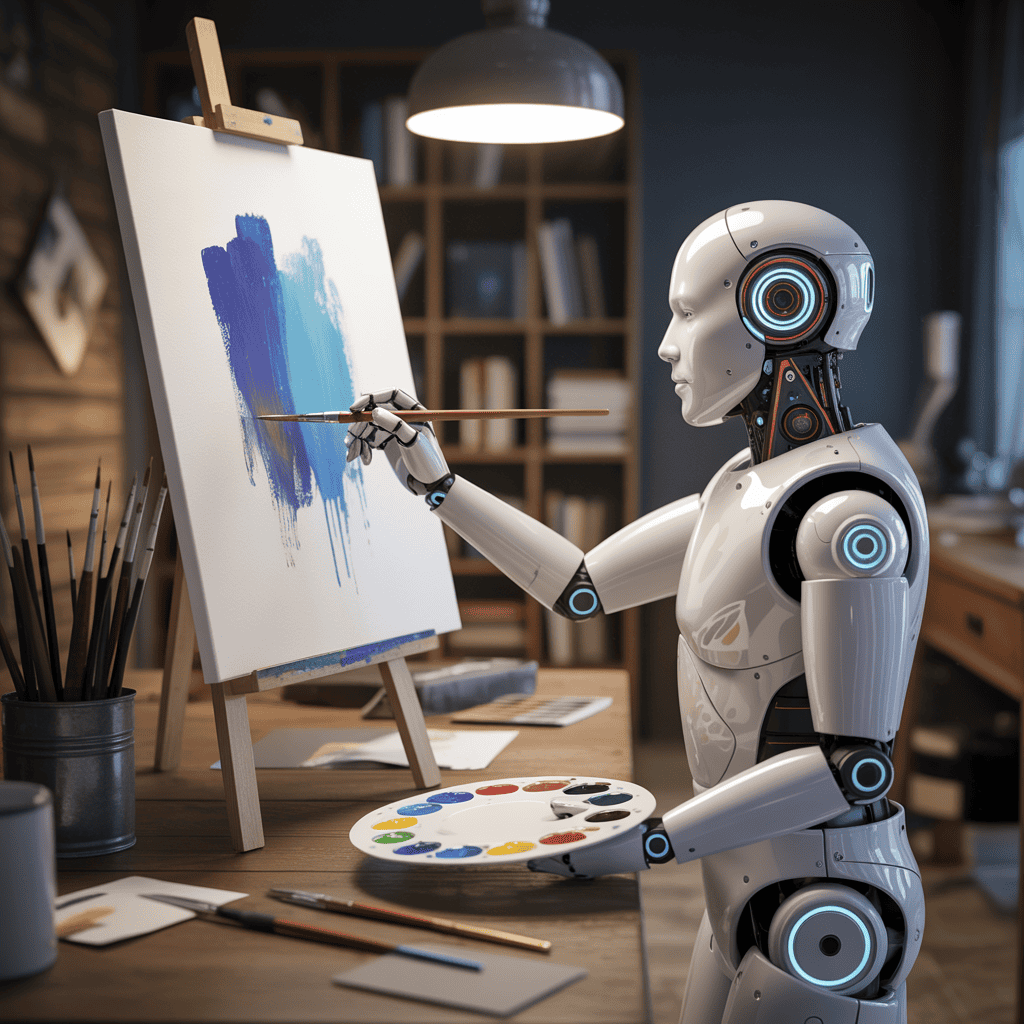 Robot painting on canvas in studio.