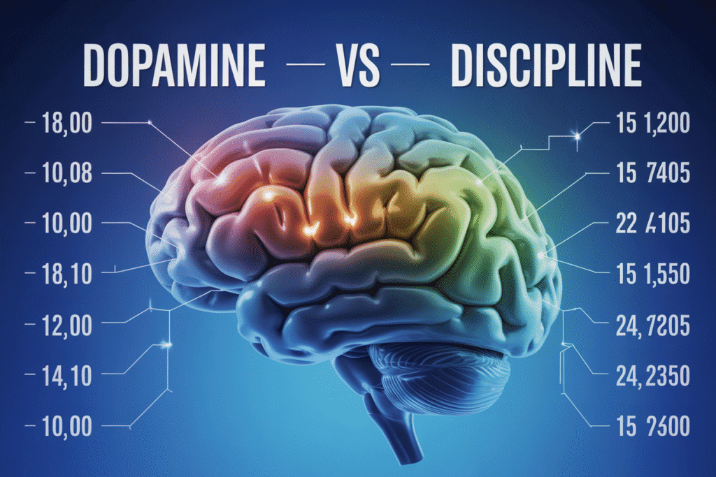 Brain illustration comparing dopamine and discipline.
