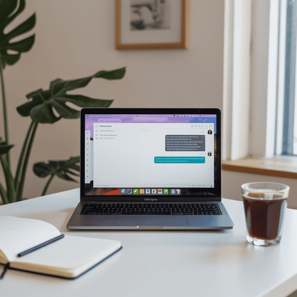 Laptop displaying messaging application interface.