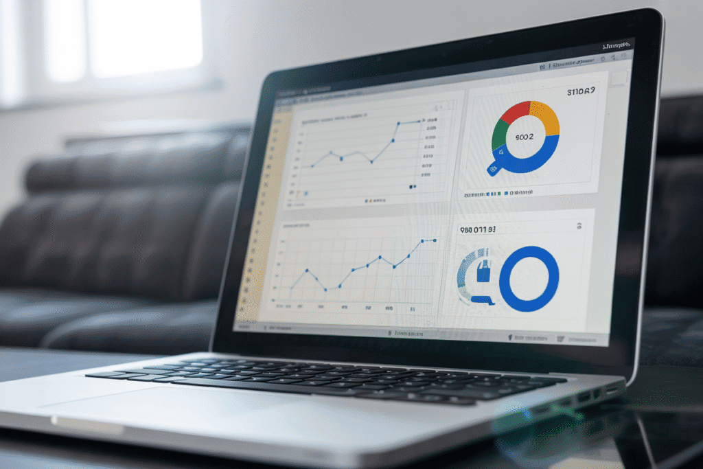 Laptop displaying analytical data graphs.