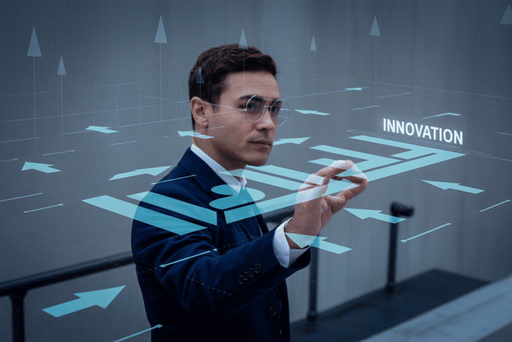 Marketer interacting with digital innovation interface.