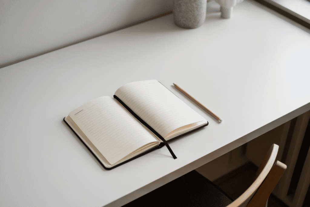 Open notebook on a white desk.