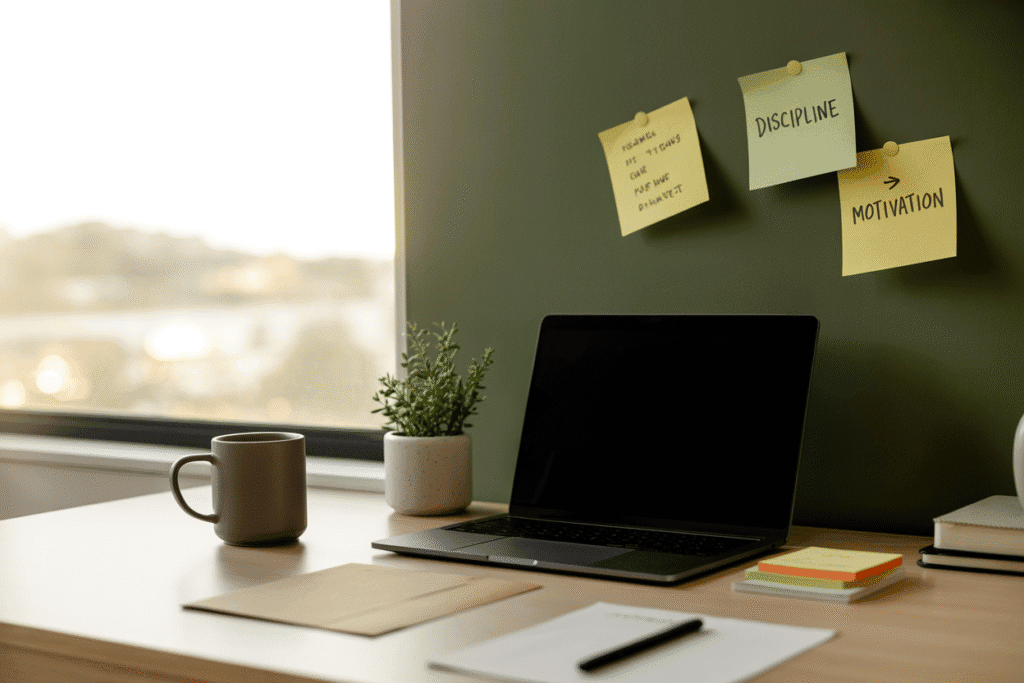 Minimalist workspace with motivational notes.