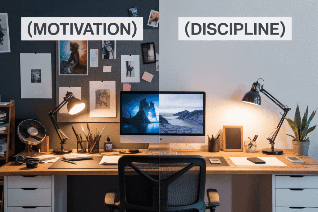 Split screen showing motivation versus discipline.