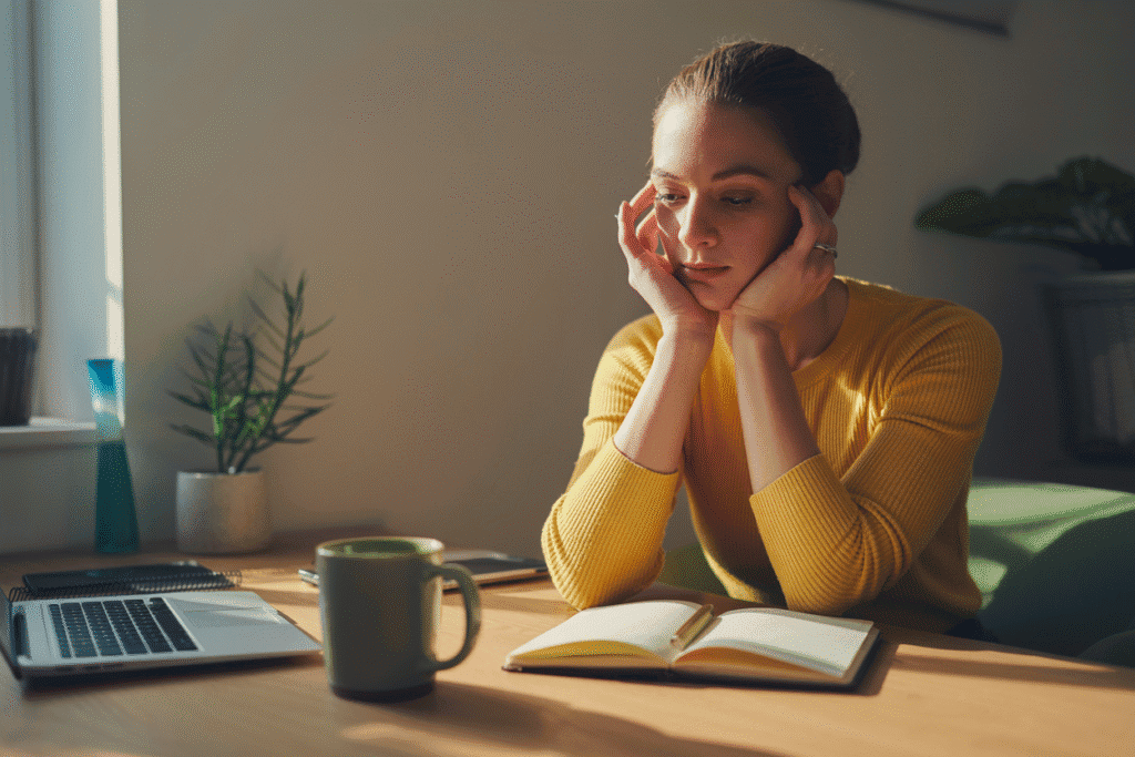 Person resting head on hands.