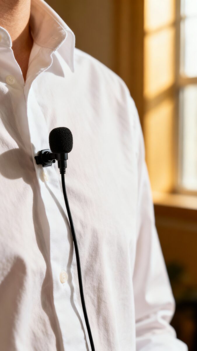 Closeup of $30 lav mic clipped on shirt, black cable, soft window light