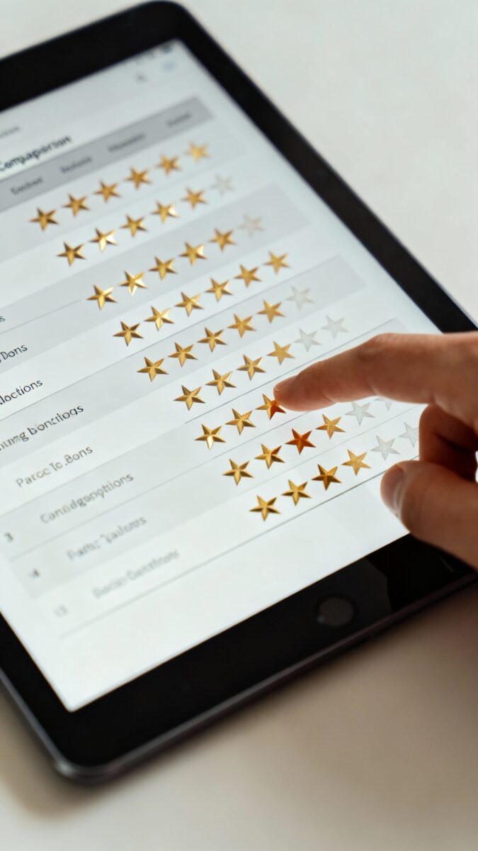 Closeup of comparison table on tablet, star ratings, gold accents, hand tapping row