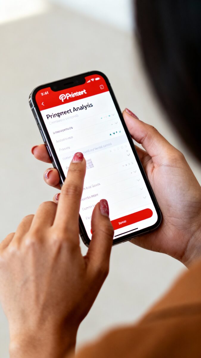 Closeup of female hand tapping Pinterest Analytics on smartphone, bright screen, red accents