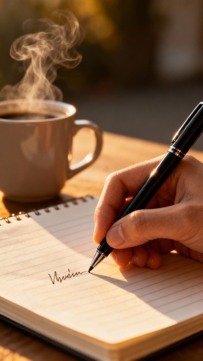 Closeup of hand writing in notebook, black pen, morning coffee steam