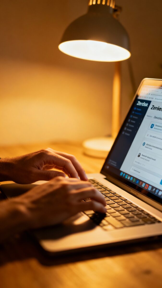 Closeup of hands typing 50+ wpm on laptop, Zendesk ticket screen, soft desk lamp glow