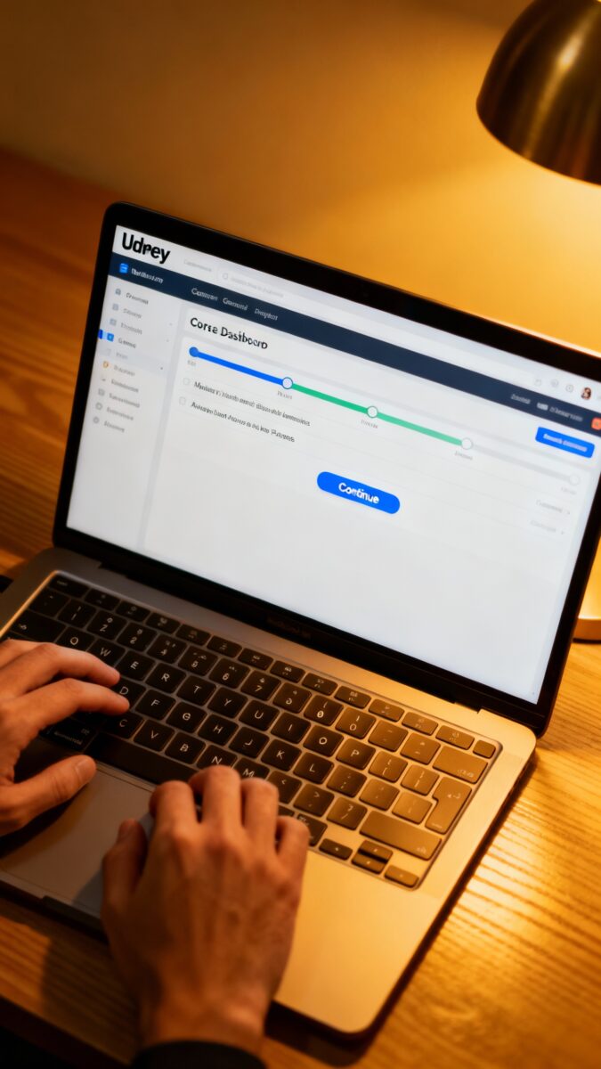 Closeup of hands typing on laptop, Udemy course dashboard, warm desk light