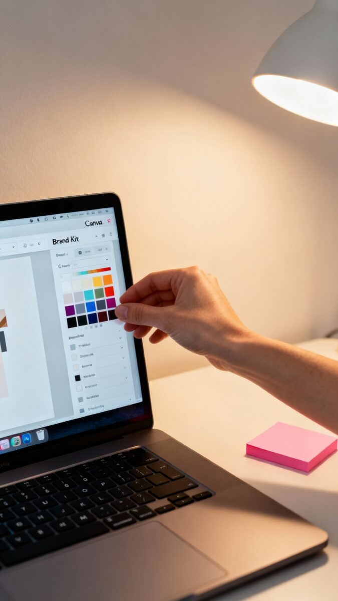Closeup of laptop screen showing Canva Brand Kit panel, female hand adjusting color palette swatches
