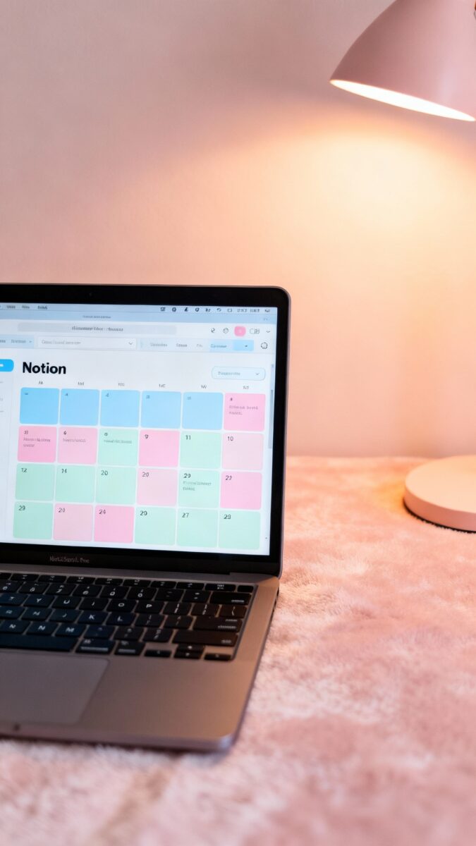 Closeup of Notion content calendar on laptop, pastel UI, soft desk light
