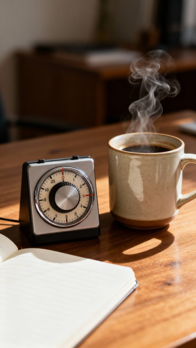 Closeup of timer beside coffee mug and open notebook