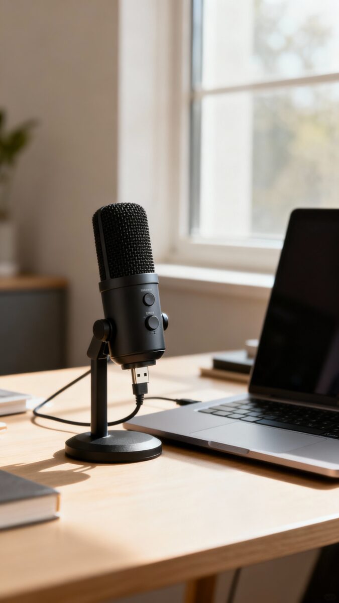 Closeup of USB mic beside laptop, natural window light, tidy desk