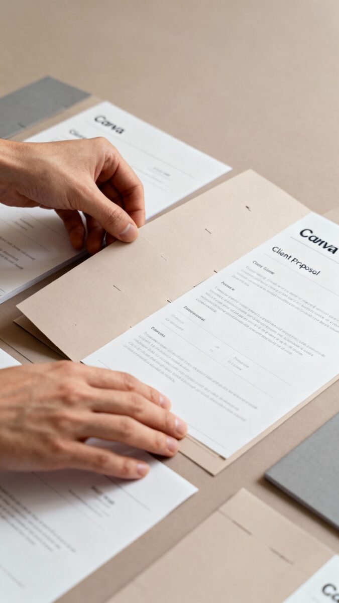 Hands assembling Canva client proposal templates, paper textures, muted colors