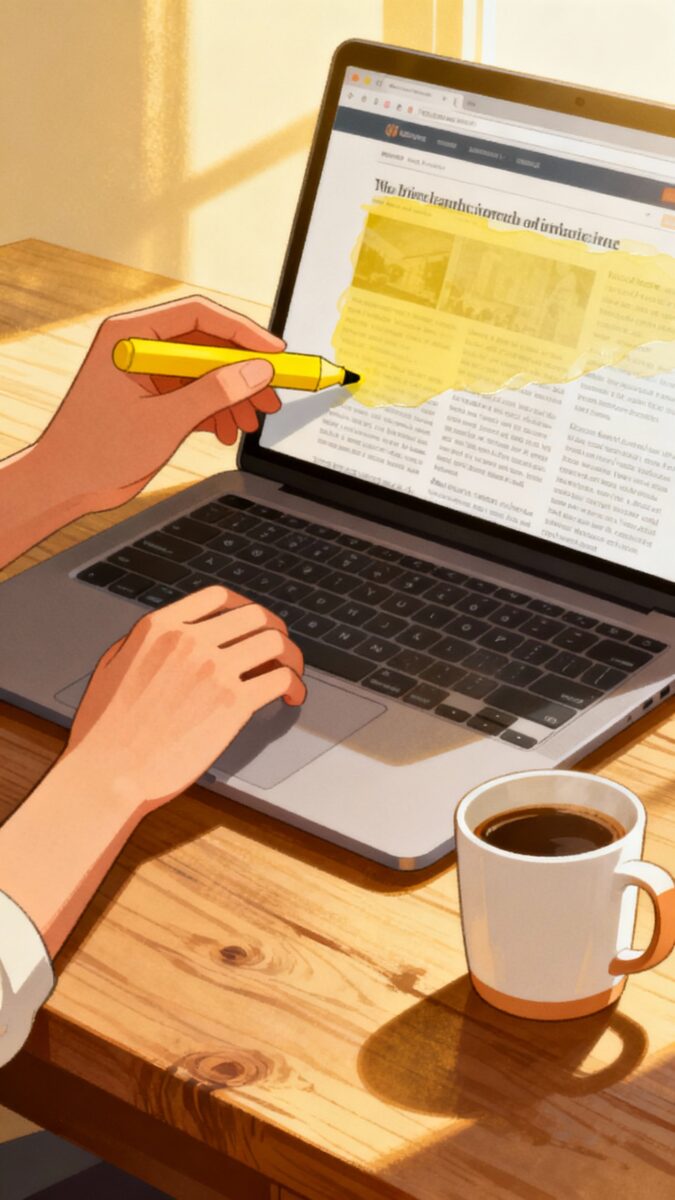 Hands highlighting web article with Glasp, yellow marker-style overlay, laptop on wooden desk, coffe