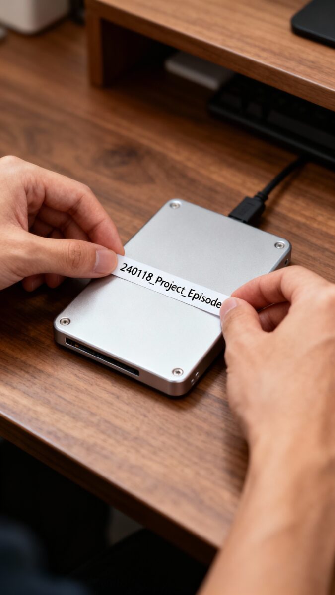 Hands labeling external SSD “240118_Project_Episode,” silver drive on wooden desk