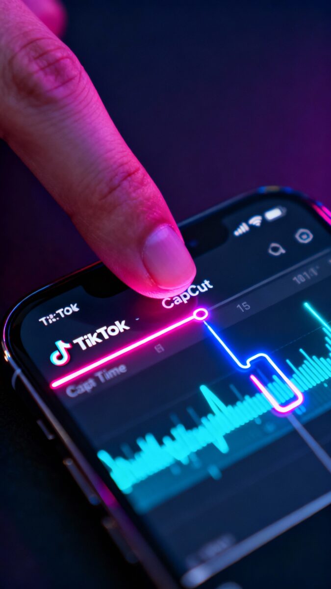 Macro of smartphone showing TikTok editing timeline in CapCut, fingertip adjusting clip, neon reflec
