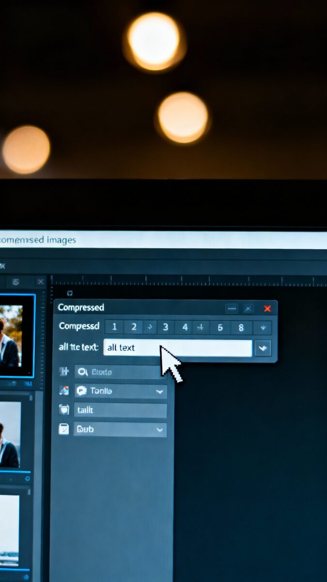 Macro view of compressed image settings panel on monitor, cursor over alt text field, dim workspace 