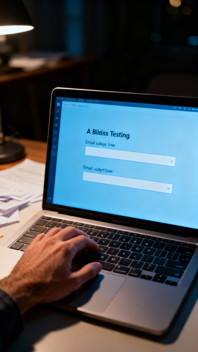 Male hand A/B testing email subject lines on laptop at night