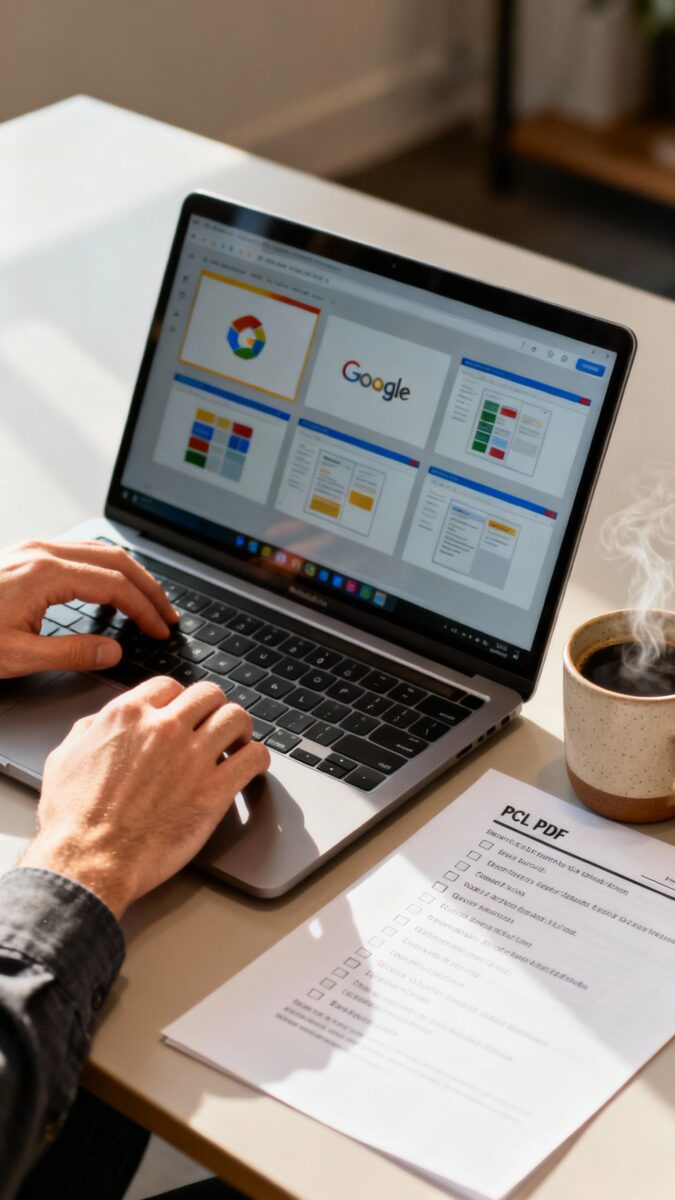 Male hands arranging Google Slides on screen, checklist PDF printed, coffee mug