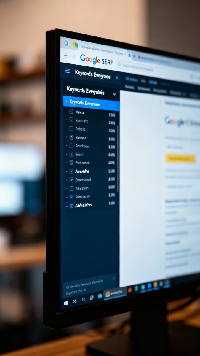 Monitor displaying Google SERP with Keywords Everywhere metrics sidebar, Ahrefs toolbar metrics, cri