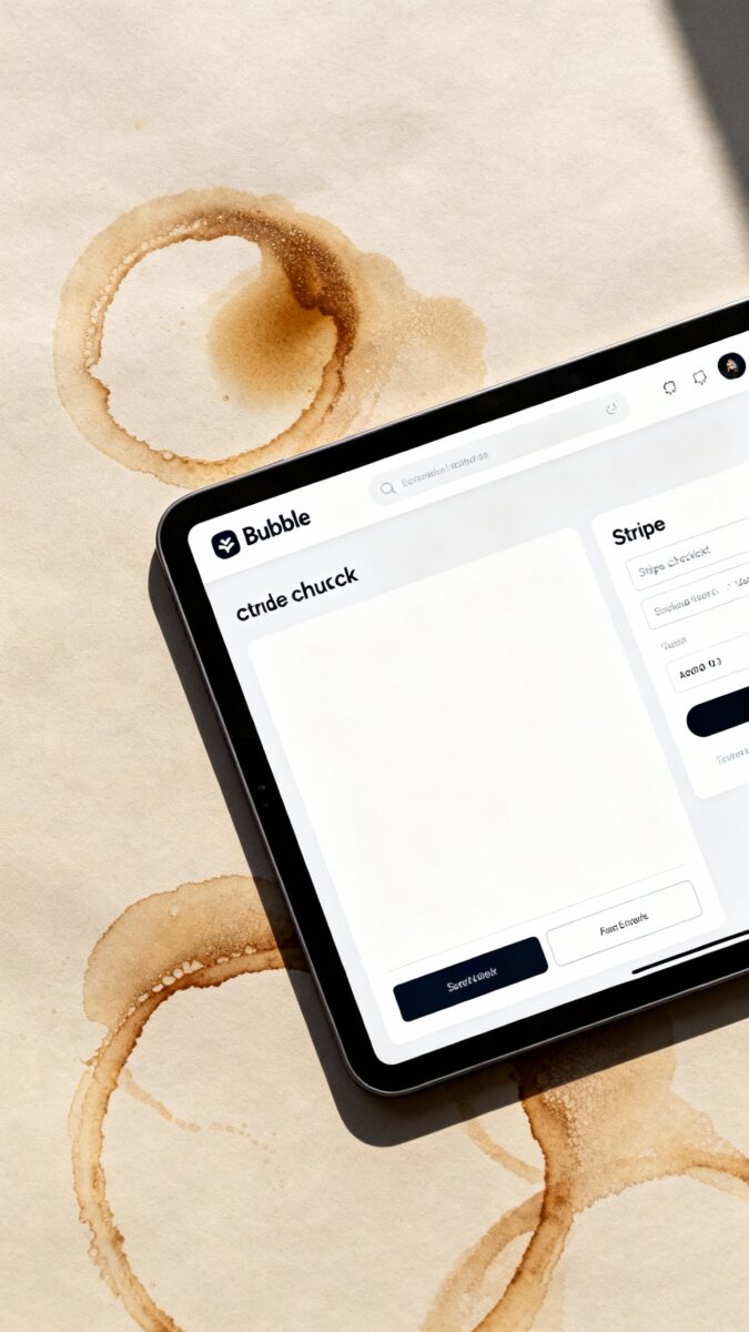 Overhead of Bubble no-code app screen on tablet, Stripe checkout open, coffee rings