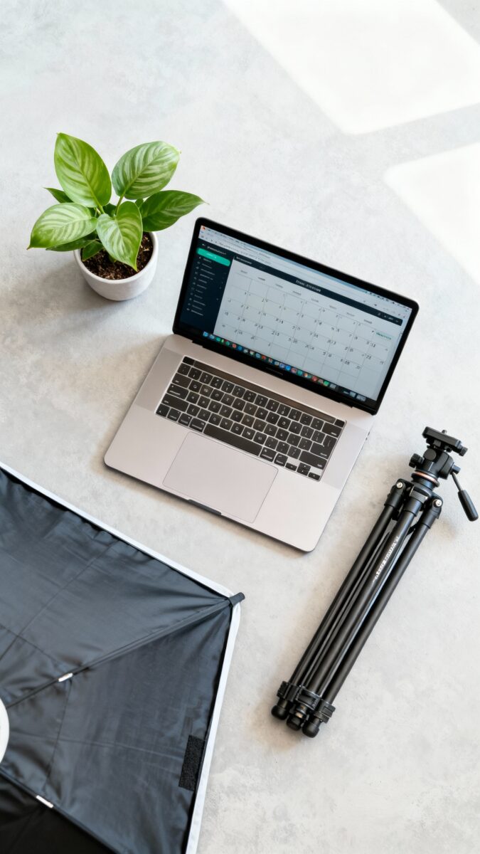 Overhead of Notion-style content calendar on laptop beside plant, tripod, and softbox