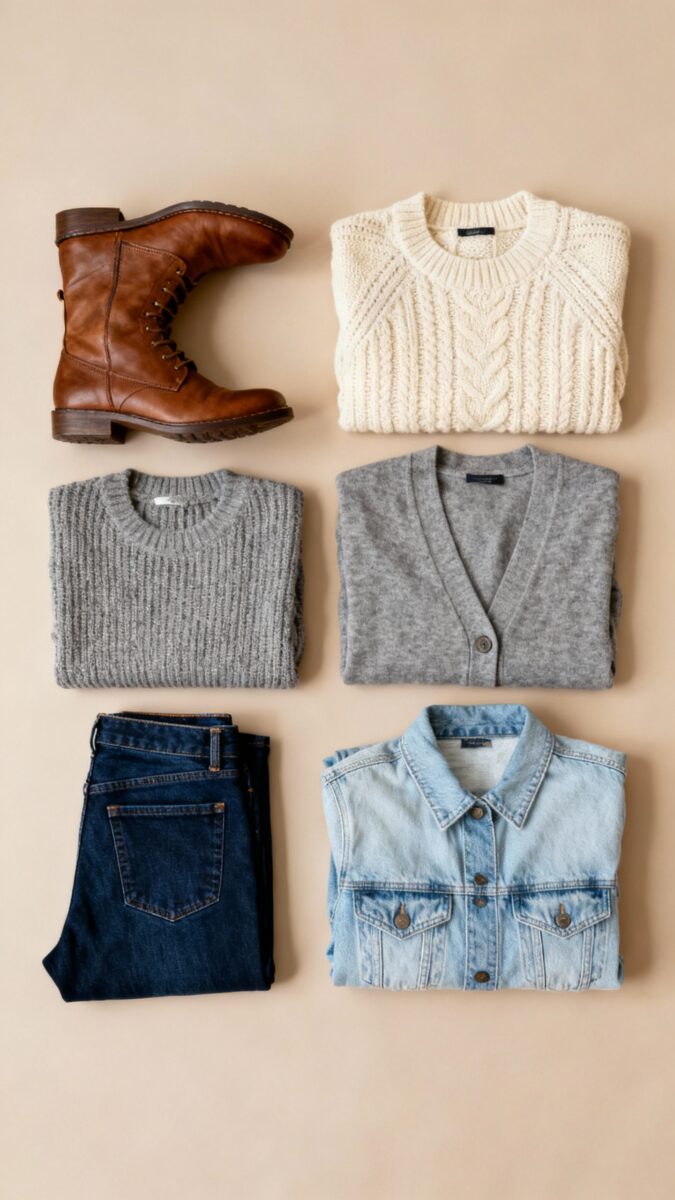 Overhead shot budget capsule wardrobe layout, brown boots, neutral knits, denim