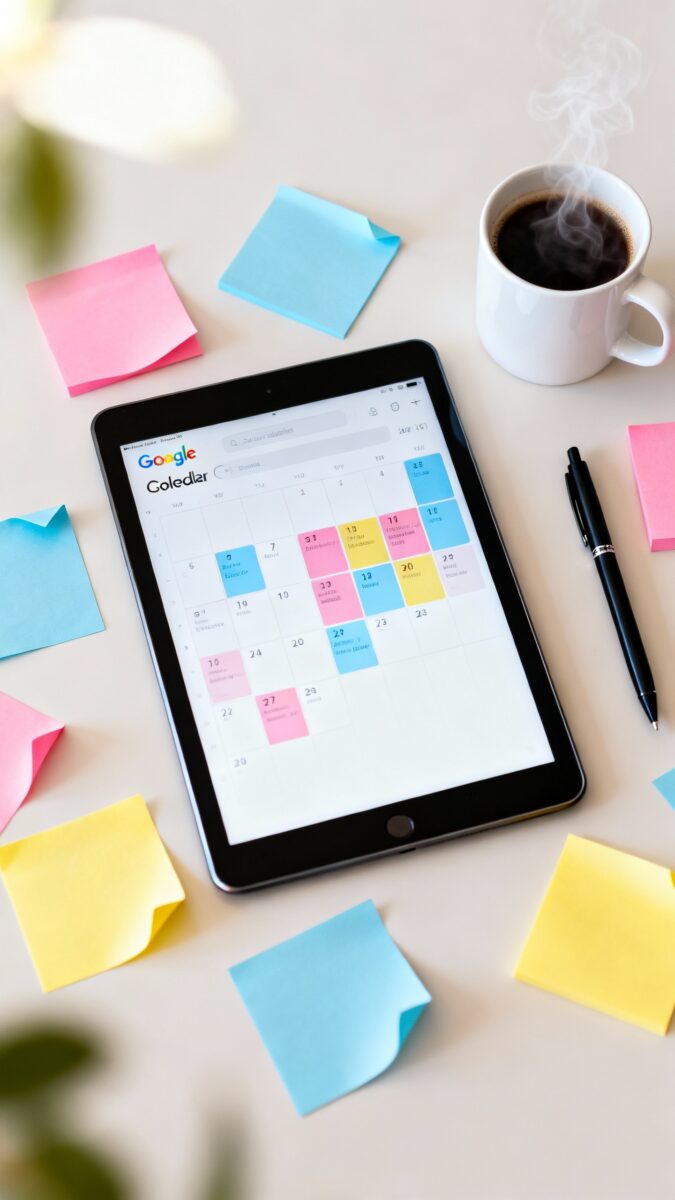 Overhead shot of color‑coded Google Calendar on tablet, pastel sticky notes, pen, coffee mug