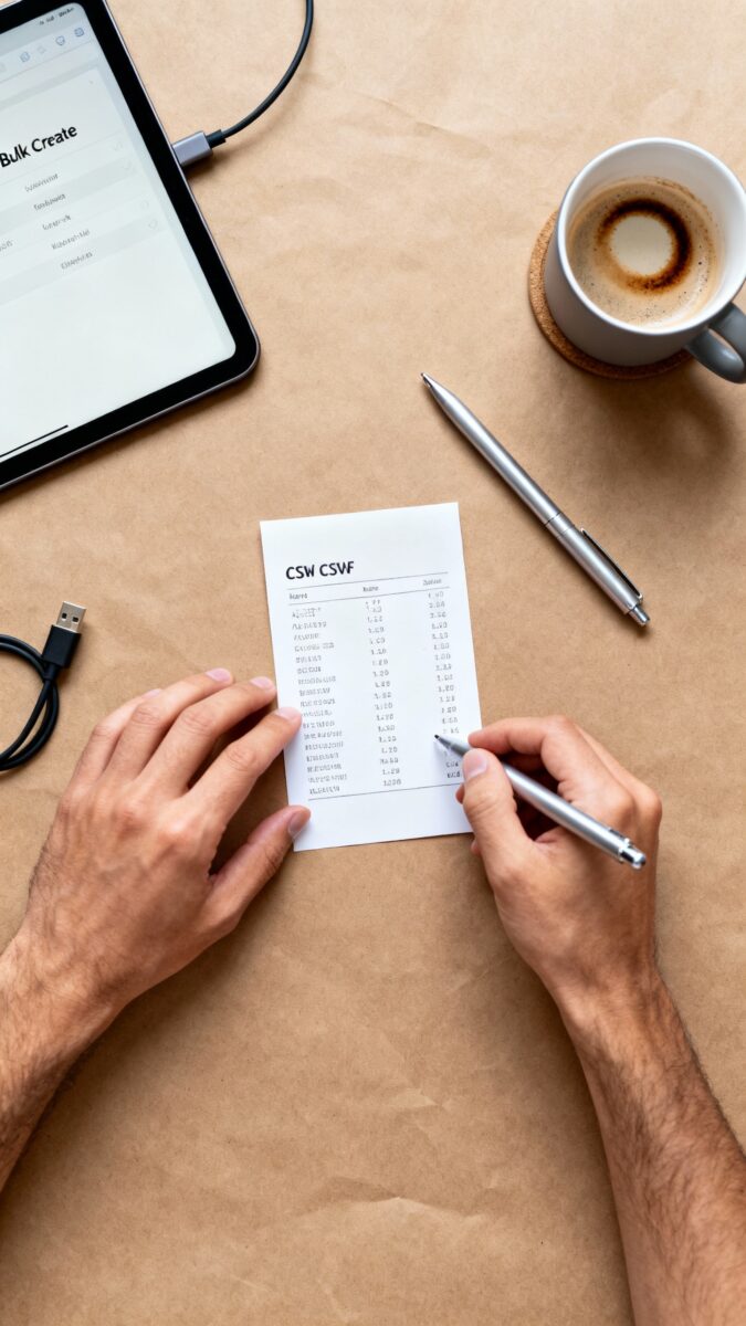 Overhead shot of designer’s hands arranging CSV printout beside tablet displaying Bulk Create vari