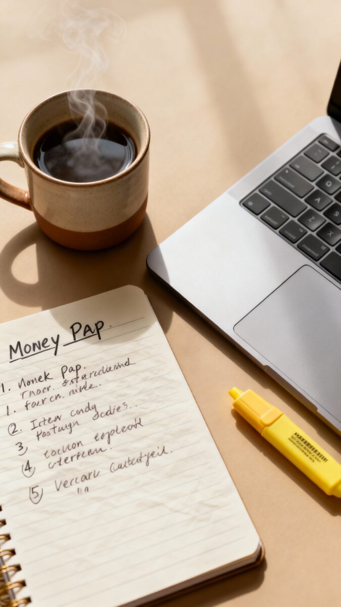 Overhead shot of handwritten Money Map list on notebook, coffee mug, highlighter, laptop