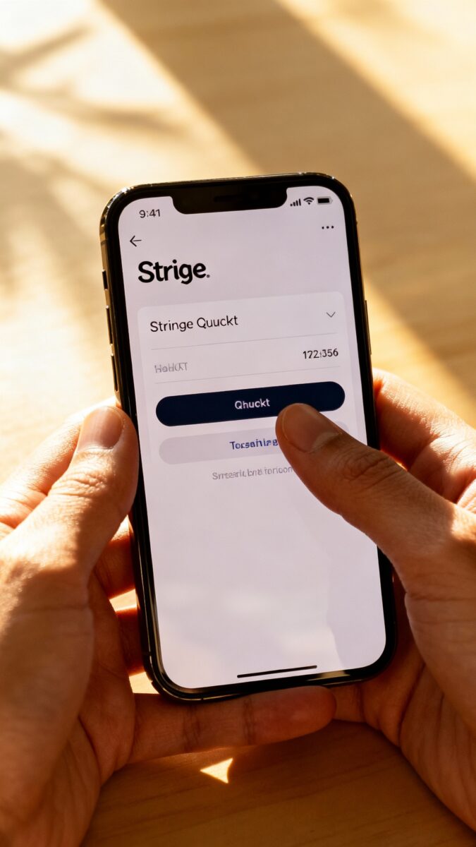 Smartphone screen showing Stripe checkout page, fingers tapping, soft morning light