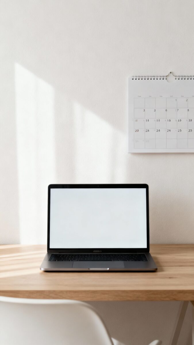 Sticky notes labeled tasks removed, minimalist workspace, calendar open laptop