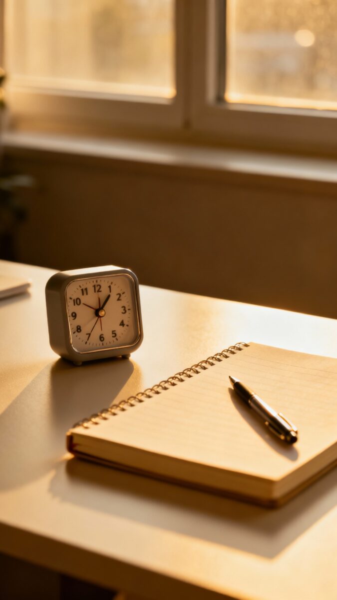 Tidy desk with timer, single notebook and pen, soft window light