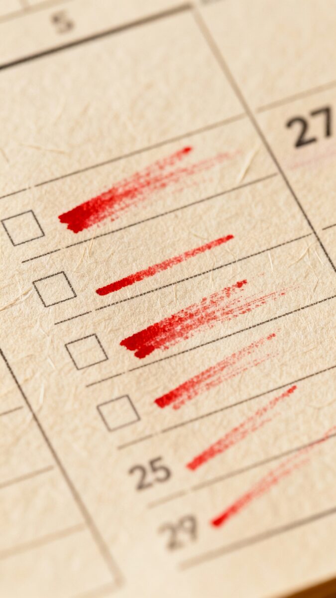 Closeup of checklist calendar with streak marks, red pen, paper texture
