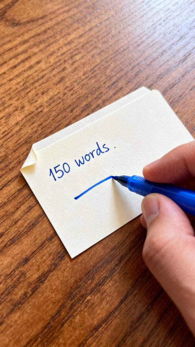 Closeup of hand writing 150 words on index card, blue pen, wooden desk
