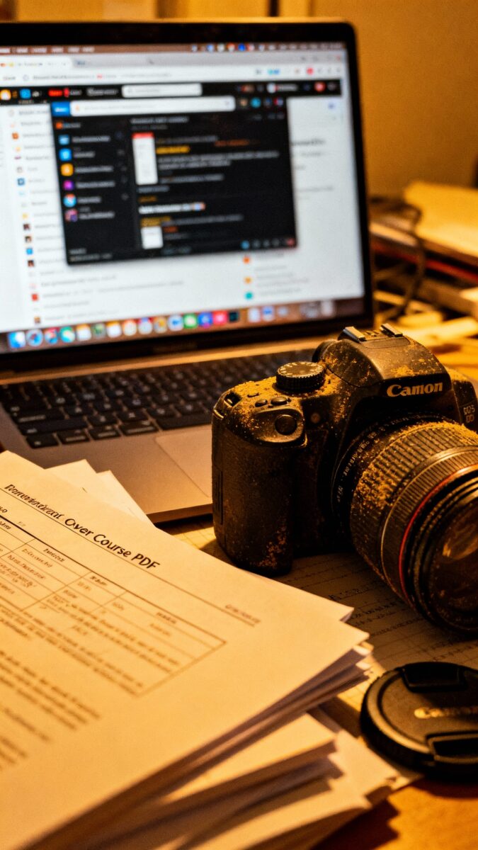 Closeup of messy desktop: glowing tabs, dusty camera, unopened course PDFs