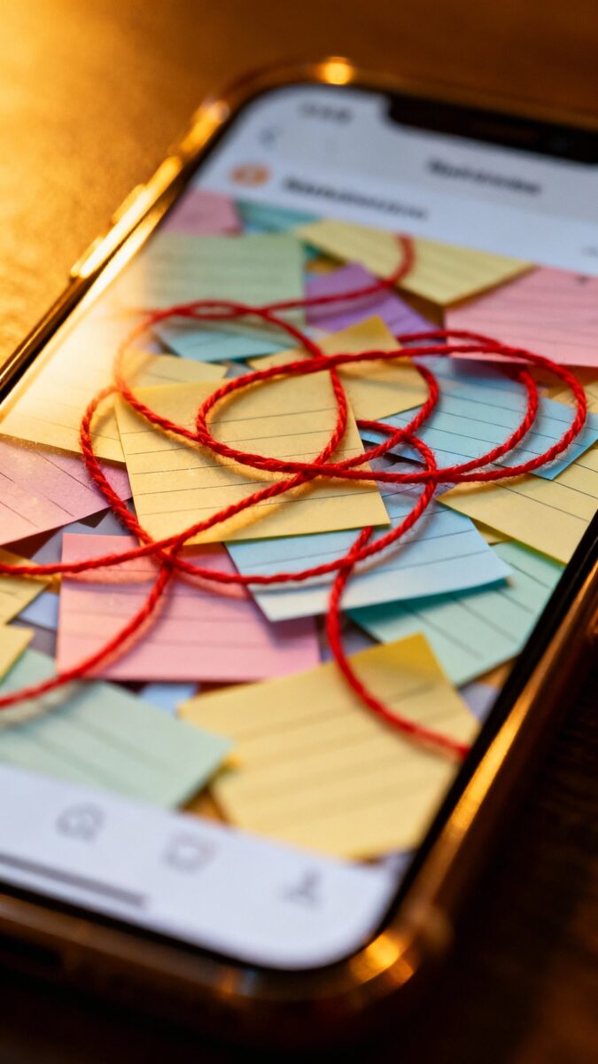 Closeup of messy Notes app on smartphone, sticky notes, red string