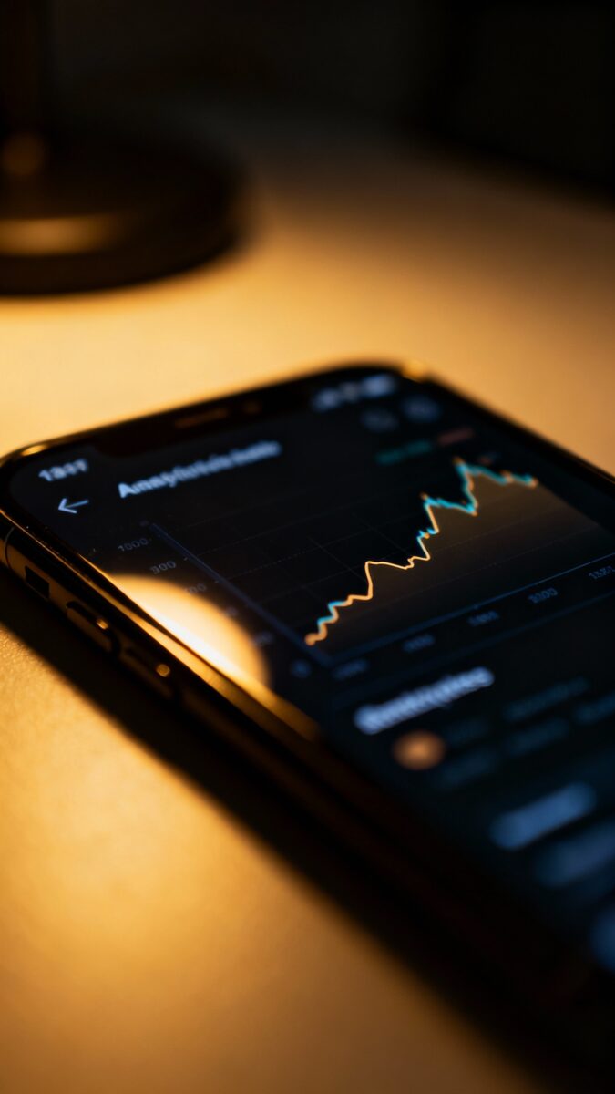 Closeup of smartphone screen showing analytics graphs, dim desk light